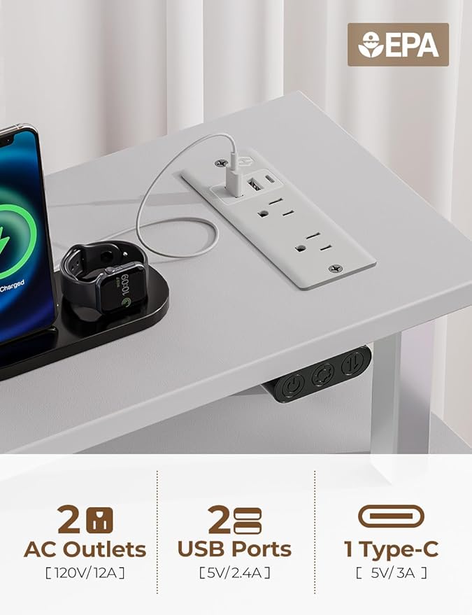 Seventable Computer Desk with Power Outlets & LED Light, 55 inch Home Office Desk with 5 Drawers, Writing Desk with Monitor Stand, Work Desk for Home Office, White