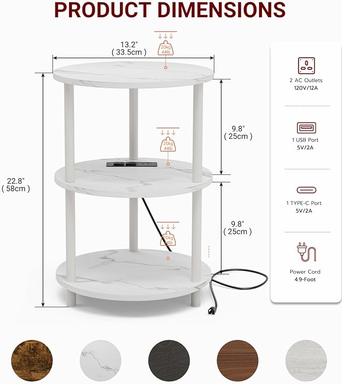 Small Round End Table - 3 Tier Design Accent Table, Narrow Side or Bedside Stand, Industrial Vintage Table for Small Spaces, Built-in USB Ports and Power Outlet, Marble White