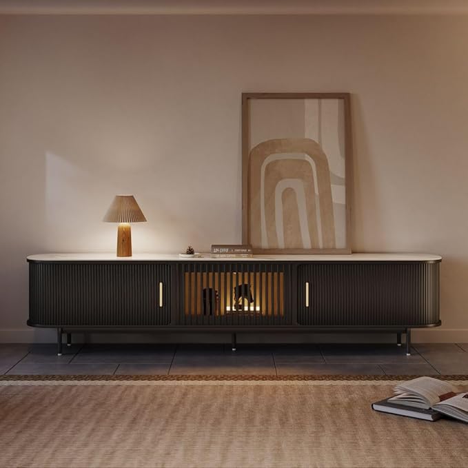 POVISON Fully-Assembled Mid Century Modern Black TV Stand with White Glossy Sintered Stone Tabletop & LED Lights, Rolling Door Media Console, Wood TV Console for Living Room