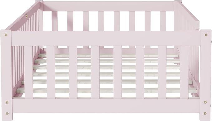 Bellemave Twin Floor Bed with Slats and Safety Guardrails, Kids Montessori Floor Beds with Fence and Without Door, Easy Assemble Floor Bed for Kids, Girls, Boys, Pink