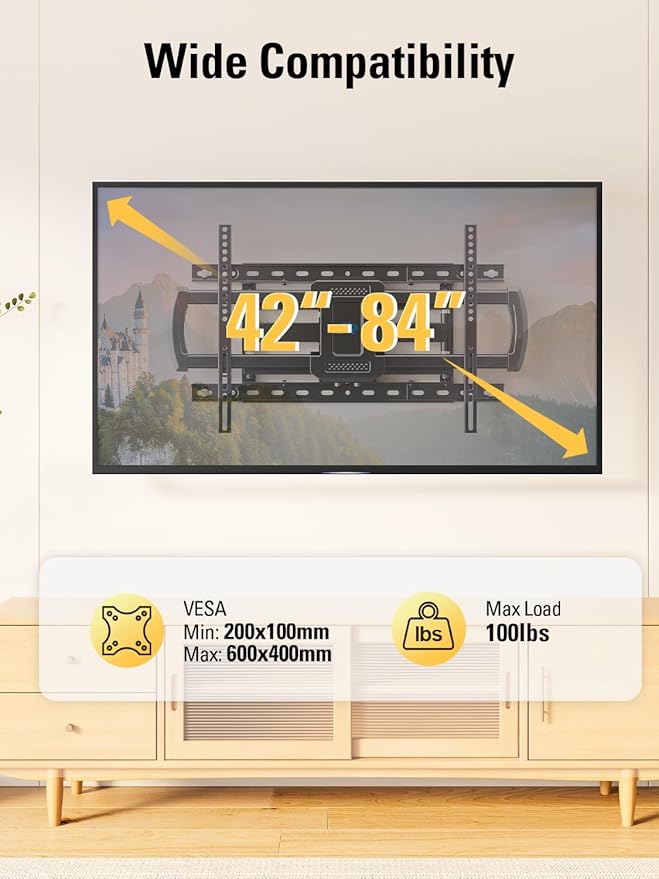 Mounting Dream TV Wall Mount for Most 42-84 Inch TVs, Full Motion Wall Mount Bracket with Articulating Arms , Max VESA 600x400mm , Up to 100LBS , Fits 16" , 18" , 24" Studs