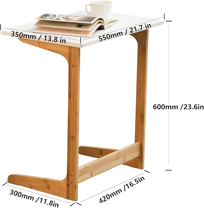 Forevich Bamboo Modern Tv Trays Table for Eating, Wood Couch Table End Snack Desk Sofa Side Table L Shaped White