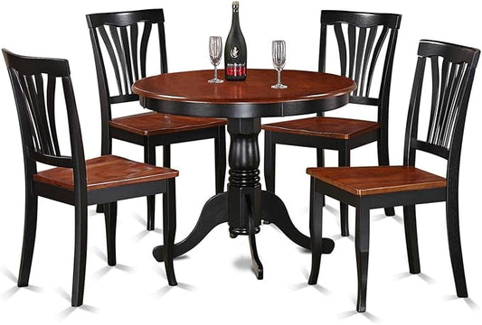 East West Furniture ANAV5-BLK-W 5 Piece Kitchen Table Set for 4 Includes a Round Dining Room Table with Pedestal and 4 Dining Chairs, 36x36 Inch, Black & Cherry