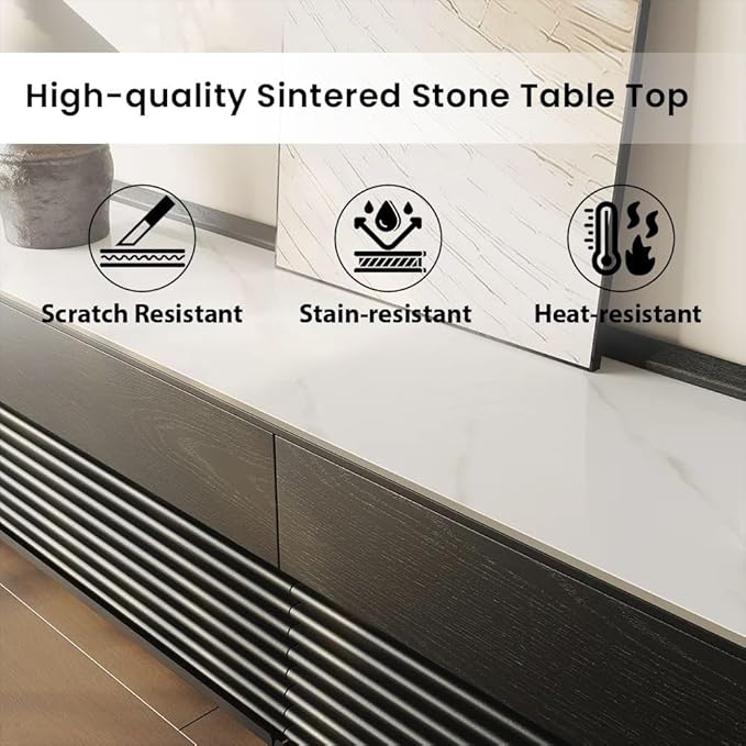 POVISON Fully-Assembled Mid Century TV Stand with Adjustable LED Light, Glossy Sintered Stone Media Console, Entertainment Center with Storage for Living Room