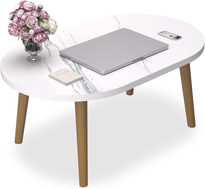 Small Coffee Table for Small Space, Low Table, Floor Table Desk for Sitting on The Floor, Japanese Coffee Table for Living Room, Tatami Tea Tables with Solid Wood Legs, Oval Coffee Tables, White