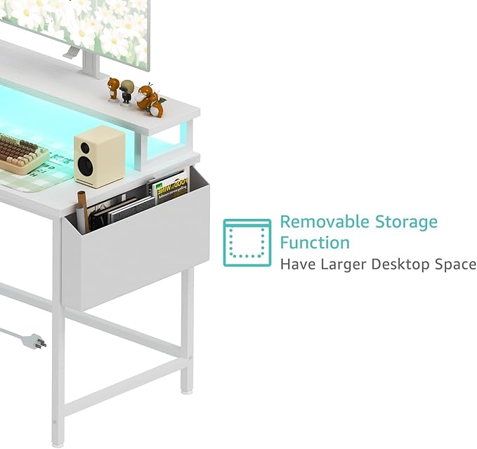 Lufeiya White L Shaped Computer Desk with Fabric Drawers, 47 Inch Corner Home Office Desk with Monitor Stand Shelves, Writing Study Gaming Desks with Led Lights and Power Outlets for Bedroom, White