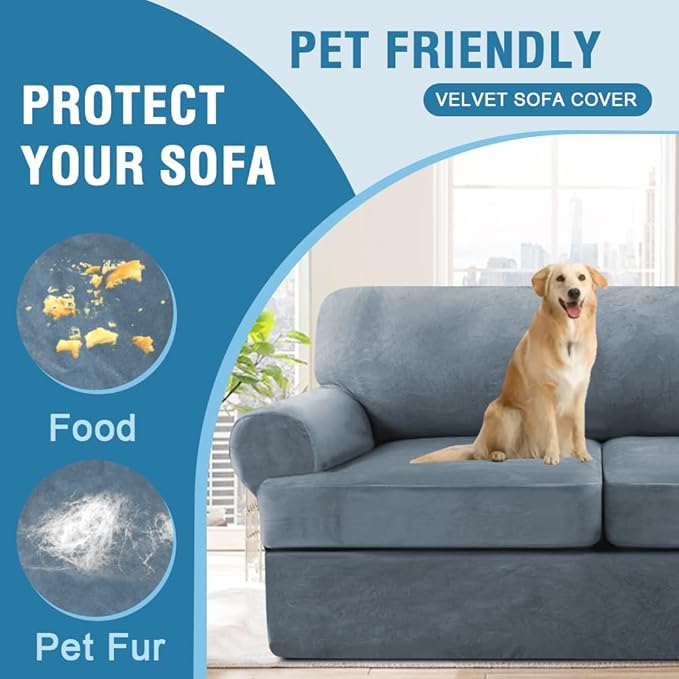 H.VERSAILTEX Sofa Cover 4 Piece T Cushion Sofa Slipcovers Thick Velvet Couch Cover Furniture Protector Stretch Sofa Covers for 3 Cushion Couch with 3 Individual Covers Washable, Stone Blue