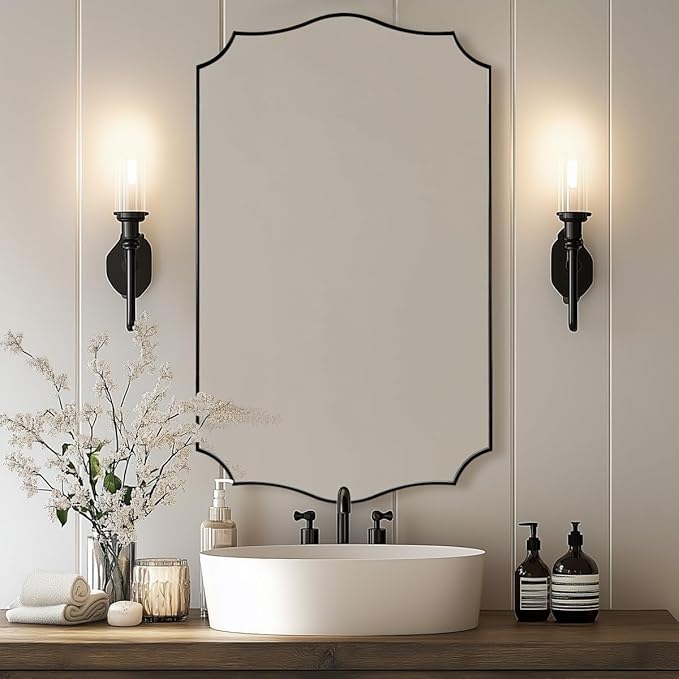 24x40 Black Mirror, Asymmetrical Vanity Mirror, Irregular Wall Mirror for Bathroom, Modern Mirror Wall Mounted Metal Framed for Bathroom, Bedroom, Living Room, Mantel