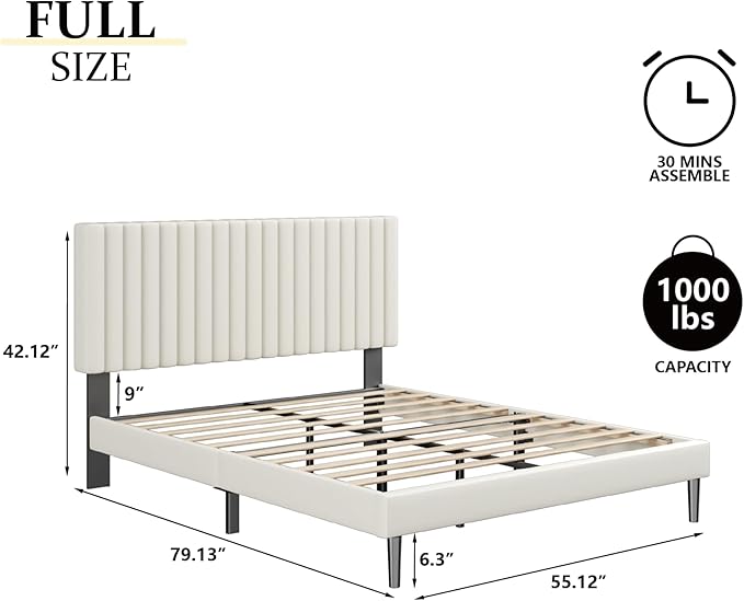 Full Size Bed Frame with Velvet Upholstered Headboard, Platform Bed with Strong Wood Slats, Mattress Foundation, Box Spring Optional, Easy Assembly, Beige