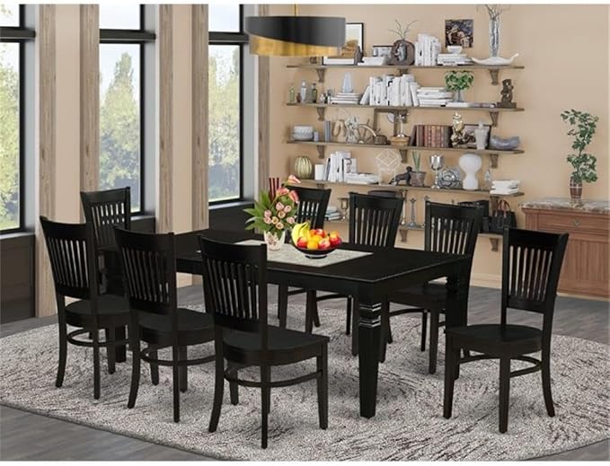 East West Furniture LGVA9-BLK-W 9 Piece Kitchen Table & Chairs Set Includes a Rectangle Dining Room Table with Butterfly Leaf and 8 Solid Wood Seat Chairs, 42x84 Inch, Black
