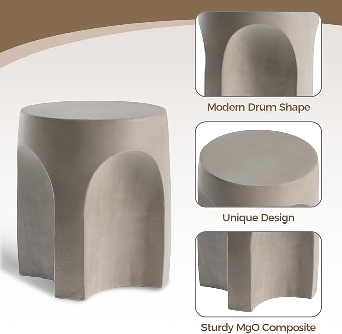 COSIEST Set of 2 Concrete Side Table Drum Shape, 2 Pieces Outdoor Side Table, Patio Accent Cement End Tables, Garden Decorative Stool, Plant Stand Drum Table, Grey