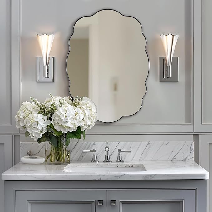ANDY STAR Brushed Nickel Mirror Scalloped Edge - Modern Bathroom Wall Mirror 22x30 Inch, Corrosion Resistant, Easy Clean SUS Frame