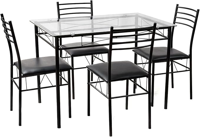 VECELO 5-Piece Kitchen Dining Table Set, Glasses Tabletop & Heavy-Duty Metel Frame, Rectangle Dinette with 4 Chairs for Small Space, Breakfast Nook, Glasses & Black
