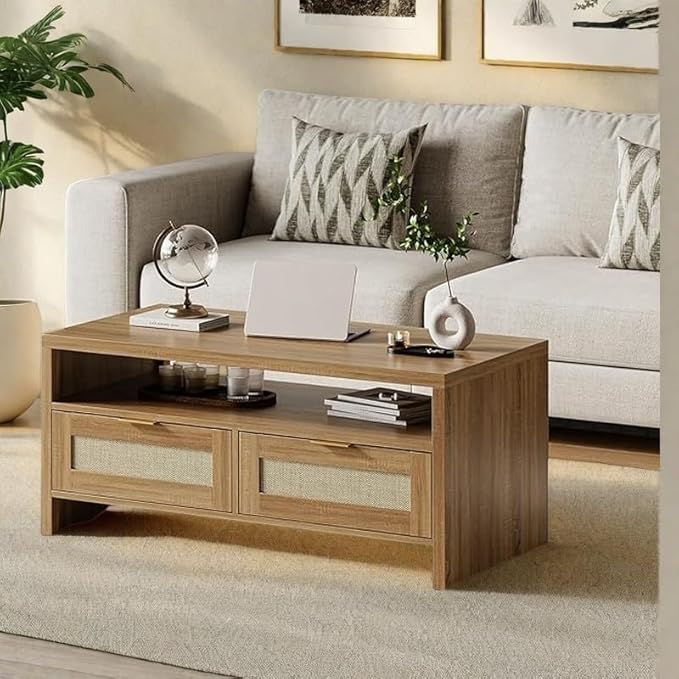 2 Tiers Boho Coffee Table with Storage,40” Mid Century Rattan Console Table with Drawers and Open Shelf, Wooden Center Coffee Table for Living Room/Apartment/Farmhouse/Bedroom/Small Place(Oak)