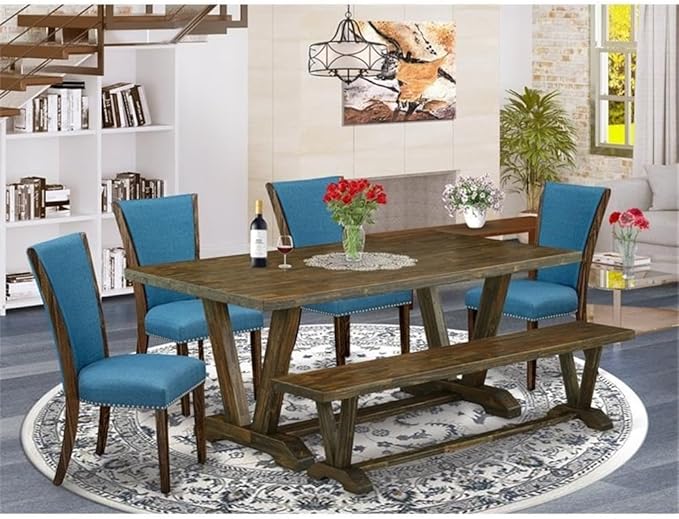 East West Furniture V777VE721-6 6 Piece Dining Table Set Contains a Rectangle Dining Room Table with V-Legs and 4 Blue Color Linen Fabric Parson Chairs with a Bench, 40x72 Inch, Multi-Color