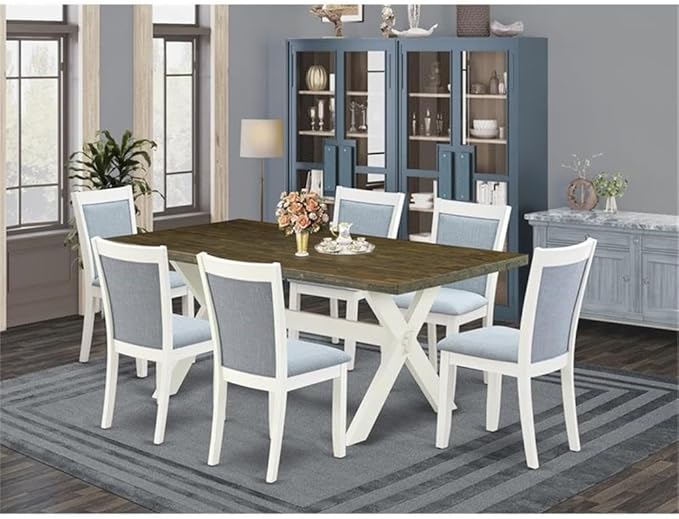 East West Furniture X077MZ015-7 7 Piece Dining Room Table Set Consist of a Rectangle Kitchen Table with X-Legs and 6 Baby Blue Linen Fabric Parson Dining Chairs, 40x72 Inch, Multi-Color