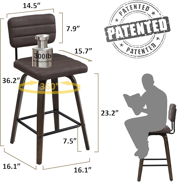 Counter Height Bar Stools Set of 2 Wood Swivel Bar Stools for Kitchen Island Modern Square Barstools with Leather Back Cushion Industrial Vintage Bar Chair Rustic Furniture for Home Pub 24 Inch Brown