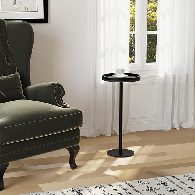 Round Drink Table,Small Pedestal Table,Small Round Side Table for Narrow Spaces,Martini Table for Living Room, Bedroom, Bathroom,Balcony (Black)