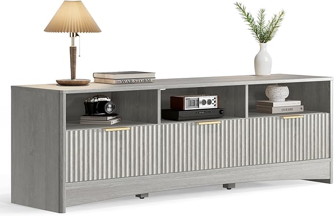 Marsail 59″ Wide TV Stand for TVs Up to 65″, Modern Entertainment Center with Fluted Panels, 3 Easy-Sliding Drawers, Open Shelves & Cable Hole, 3-Tier TV Stands for Living Room & Bedroom, Light Grey
