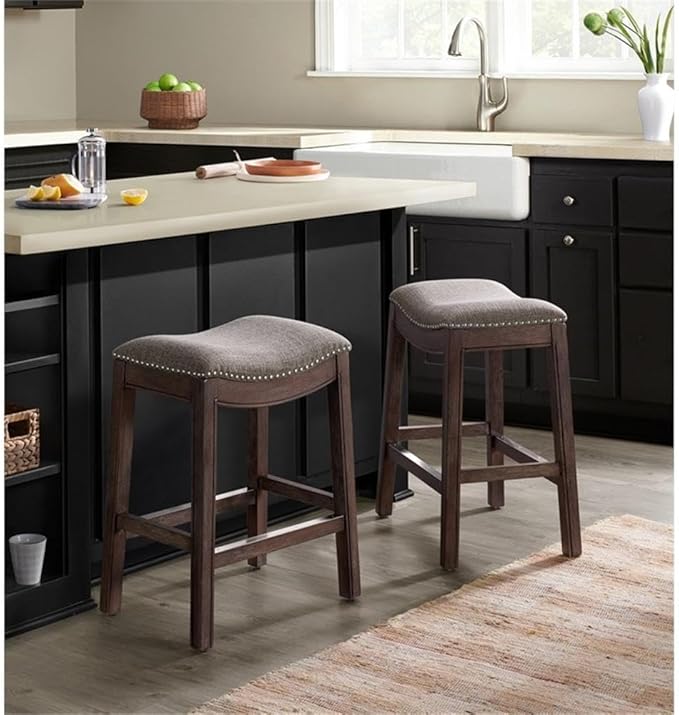 Williston Dark Brown Wood Counter Height Stool Set of 2, 18.25 in. W Seat with Linen-Like Fabric & Silver Satin Nail Heads, Kitchen Furniture Bar Stools w/Solid Rubberwood Frame & Metal Kick Plate