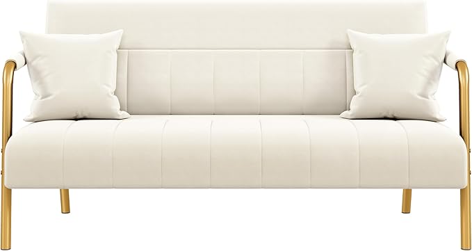 Yaheetech 56.5" W Modern Loveseat 2 Seater Sofa Luxurious Velvet Fabric Couch with Gold-Tone Metal Arms and Legs for Living Room, Home Office, Studio Beige