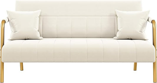 Yaheetech 56.5" W Modern Loveseat 2 Seater Sofa Luxurious Velvet Fabric Couch with Gold-Tone Metal Arms and Legs for Living Room, Home Office, Studio Beige