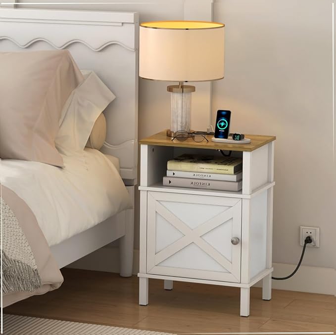 Farmhouse Nightstand with Charging Station, White Bedside Table with USB&Type-C Ports and Outlets, End Table with Storage, Night Stand for Bedroom, White and Rustic Brown WGBZ0601WFE
