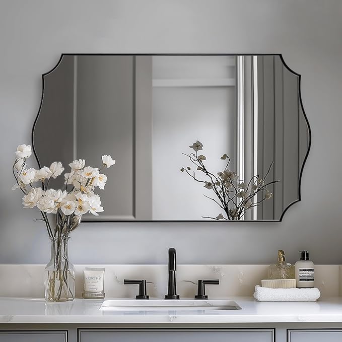 24x40 Black Mirror, Asymmetrical Vanity Mirror, Irregular Wall Mirror for Bathroom, Modern Mirror Wall Mounted Metal Framed for Bathroom, Bedroom, Living Room, Mantel