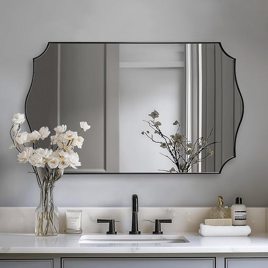24x40 Black Mirror, Asymmetrical Vanity Mirror, Irregular Wall Mirror for Bathroom, Modern Mirror Wall Mounted Metal Framed for Bathroom, Bedroom, Living Room, Mantel