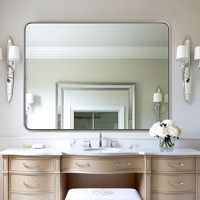 ANDY STAR 48x32 Inch Chrome Bathroom Mirror, Chrome Bathroom Vanity Mirror, Rounded Rectangle Mirror, Anti-Rust SUS304, Seamless Tube Metal Frame, 1’’ Deep Wall Mounted Vertically/Horizontal