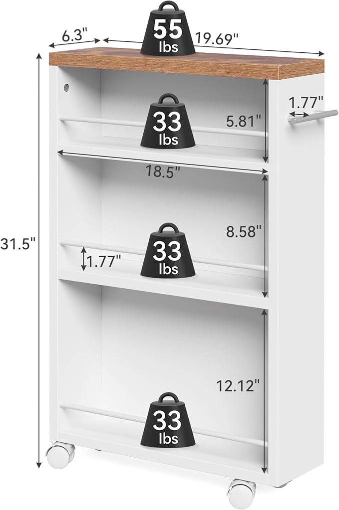 LITTLE TREE 4 Tier Rolling Cart with Wheels, 6.3 Inch Slim Storage Cart, Wooden Snack Cart with Narrow Shelf, White Laundry Room and Bathroom Organizer Shelves