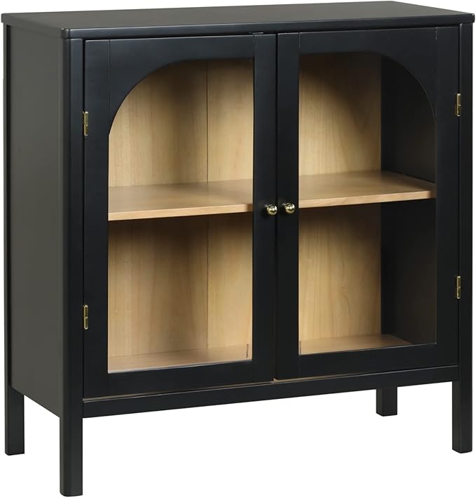 Nathan James Mason Storage Cabinet, Free Standing Accent Sideboard Buffet, Credenza with Glass Doors and Adjustable Shelf in Black Oak Wood for Dining Room, Entryway and Living Room, Clear Glass/Black