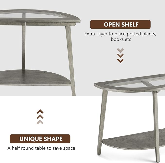 COSIEST 2-Tier Glass Console Table, Semi-Circular MDF Entryway Table with Storage Shelf, Modern Wood Sofa Side Table for Bedroom Living Room Hallway, Antique Silver