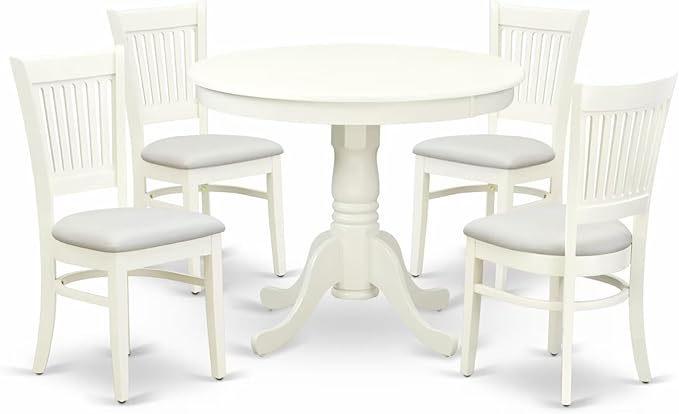 East West Furniture ANVA5-LWH-C 5 Piece Dining Room Table Set Includes a Round Kitchen Table with Pedestal and 4 Linen Fabric Upholstered Dining Chairs, 36x36 Inch, Linen White