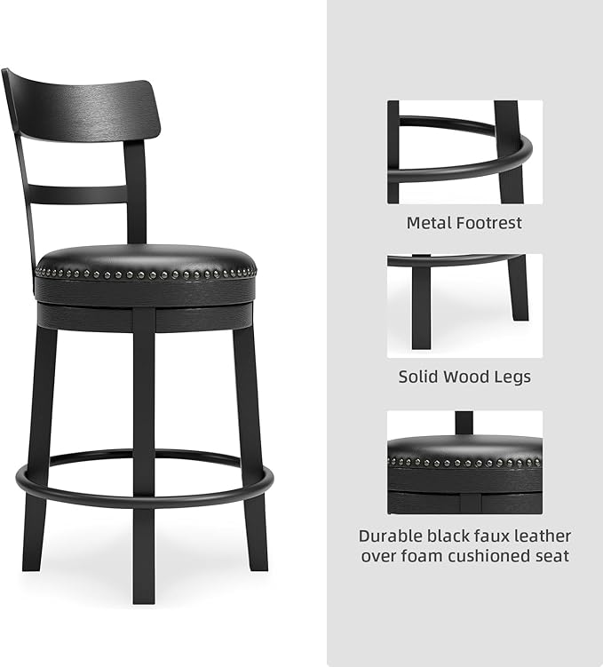 Signature Design by Ashley Valebeck Faux Leather Pub Height Swivel Barstool, 24.38" Seat Height, Black
