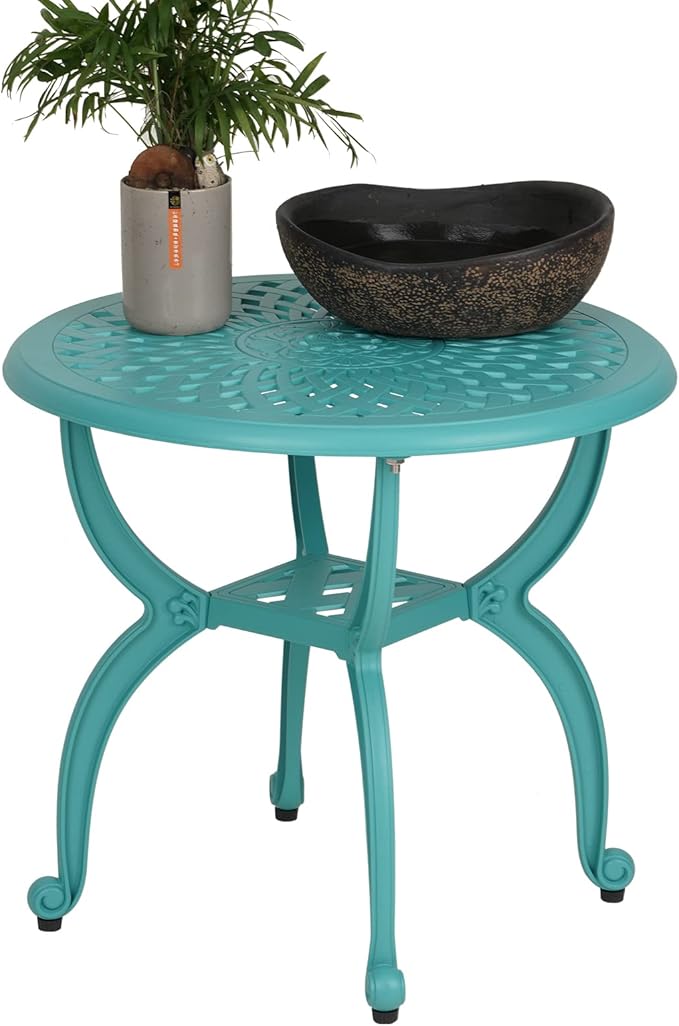 JARDIN DE CENTENNIAL Cast Aluminum Outdoor Side Table,Anti-Rust Outdoor End Table,Patio Coffee Bistro Table for Indoor,Garden,Porch,Balcony(Round Blue)