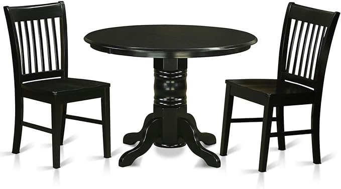East West Furniture SHNO3-BLK-W 3 Piece Dining Room Furniture Set Contains a Round Dining Table with Pedestal and 2 Wood Seat Chairs, 42x42 Inch, Black