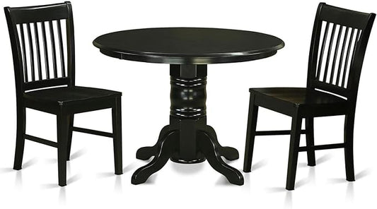 East West Furniture SHNO3-BLK-W 3 Piece Dining Room Furniture Set Contains a Round Dining Table with Pedestal and 2 Wood Seat Chairs, 42x42 Inch, Black