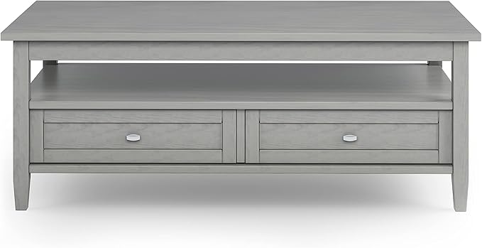 SIMPLIHOME Warm Shaker Coffee Table - 48 inch Wide Solid Wood Cocktail Table in Fog Grey, Transitional Living Room Table with 2 Storage Drawers and Open Shelf for Sitting Area or Lounge