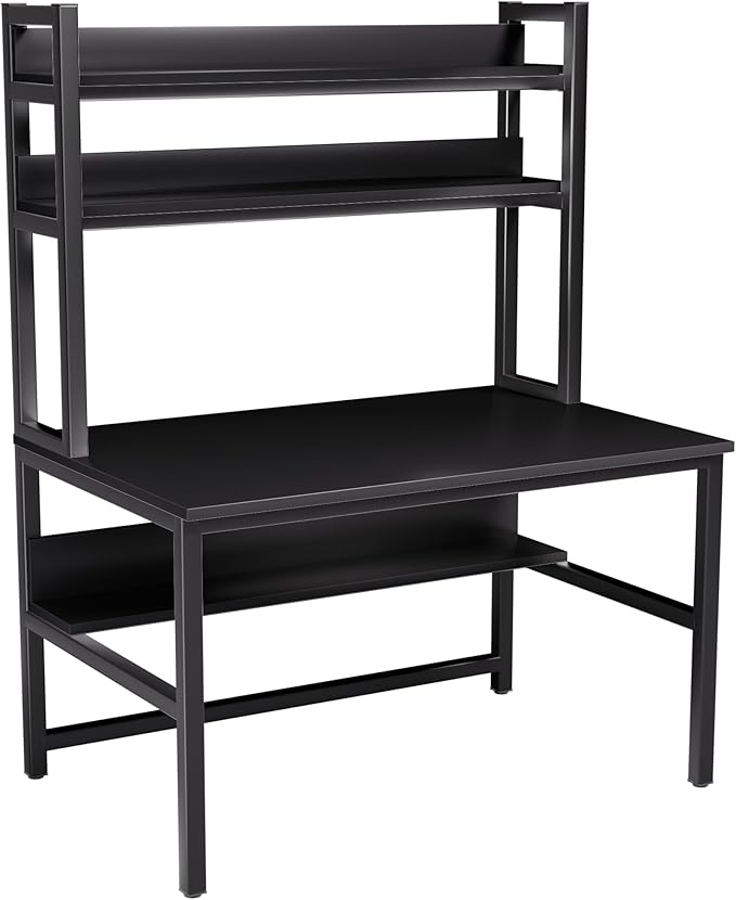 Aquzee Computer Desk with Hutch and Bookshelves, Large Leg Room 55 inch Width Black Desk with Space Saving Storage Shelves, Easy Assemble and All Hardware and Tools Included