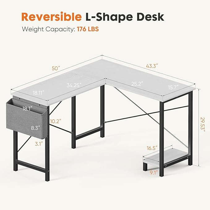 Whitmor L Shaped Gaming Desk - 50 Inch Reversible Corner Computer Desk with Wood Top, Metal Frame, CPU Stand & Side Bag, Home Office Dorm Sturdy Writing Workstation, White