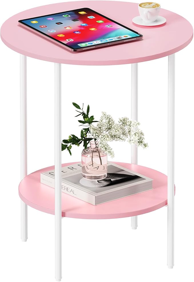 Side Table,Round End Table with 2 Storage Shelves| Compact Side Tables for Living Room, Couch, Office & Bedroom | Narrow Accent Table as Space-Saving Small Bedside Table 18x18x22in (Pink)