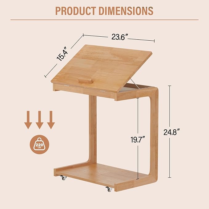 CozyDH Adjustable C Shaped End Table, Rolling Side Table Solid Wood TV Sofa Tray Table for Couch Arm Eating Multi-Purpose, Small Coffee Table with Wheels Living Room Bedroom, Cherry