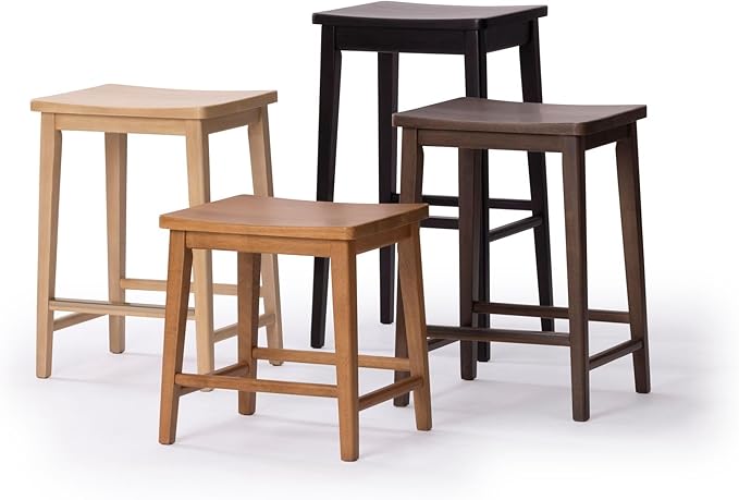 Plank+Beam Smythe Bar Stool, 30", Set of 4, Sturdy Wood Modern Kitchen Bar Height Stool, Saddle Seat Backless Bar Chair, Metal Footrest, Black