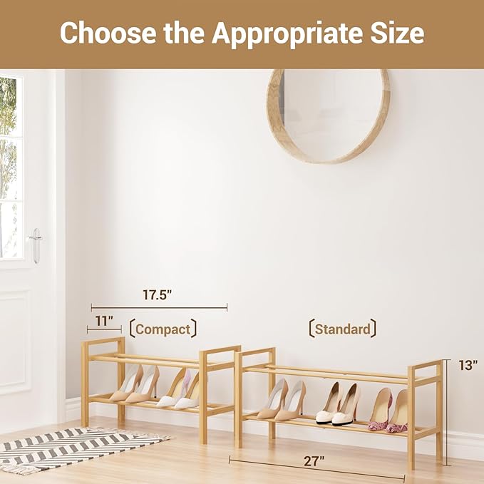 Haddockway Bamboo Shoe Rack for Closet, Free Standing Shoe Organizer with Smooth Round Rods & Convenient Handles, Stackable Shoe Storage Shelf for Entryway, Hallway(Natural, 2-Tier(Small))