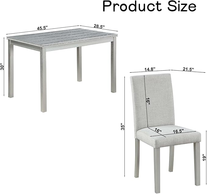 Dining Table Set for 4, 5-Piece Kitchen Table & Chairs Set with Rectangular Table & 4 Upholstered Chairs, 34.5'' Dinner Set with Crystal Decorations & Wood Grain Design, Silver Grey