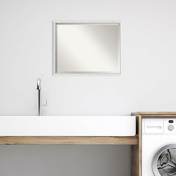 Amanti Art White Bathroom Mirror for Over Sink, 23x29 Paige White Silver Rectangle Vanity Mirror, Large Modern Contemporary Wood Frame, Hangs Horizonally and Vertically, Bathroom Wall Decor, Beveled