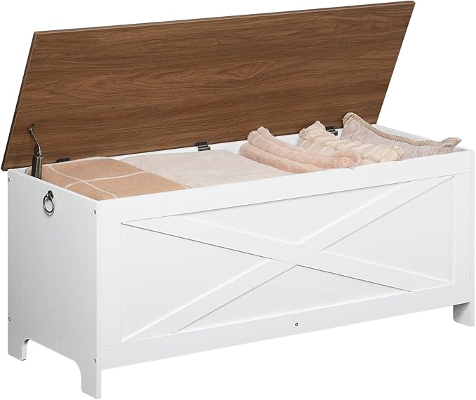 47.2" Toy Chest, Sturdy Entryway Storage Chest with Safety Hinge, Retro Toy Box, Wooden Look Accent Furniture for Living Room, Bedroom, White+Walnut SCBZ48801