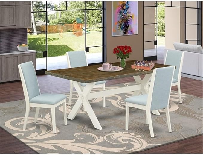 East West Furniture X077LA015-5 5 Piece Kitchen Table Set for 4 Includes a Rectangle Dining Room Table with X-Legs and 4 Baby Blue Linen Fabric Parsons Chairs, 40x72 Inch, Multi-Color