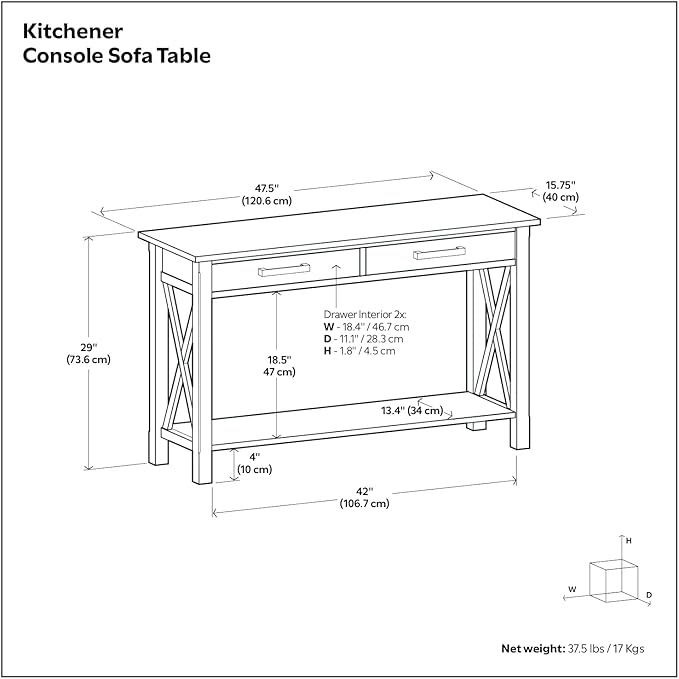 SIMPLIHOME Kitchener Console Table - 47 Inch Wide Solid Wood Sofa Table in Hickory Brown, Contemporary Storage Table for Entryway or Living Room with 2 Drawers, Bottom Shelf, and X-Design Side Panels